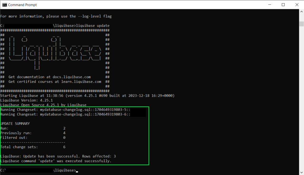 Screenshot of Liquibase command window showing successful execution of DML changeset