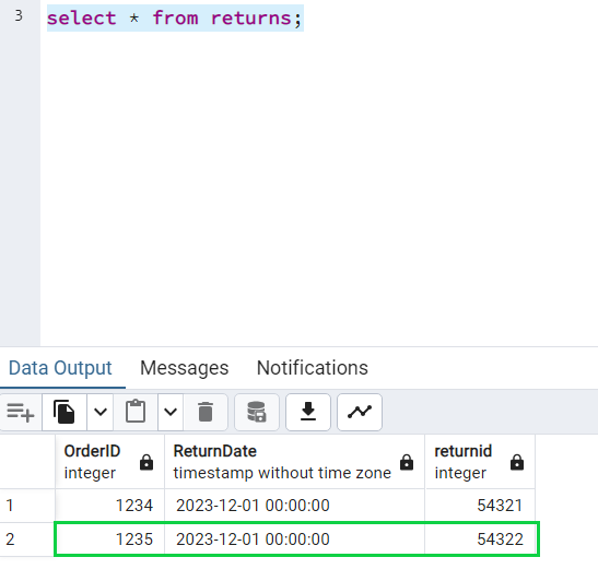 Screenshot of PGAdmin window showing SELECT statement results containing record inserted by DML changeset