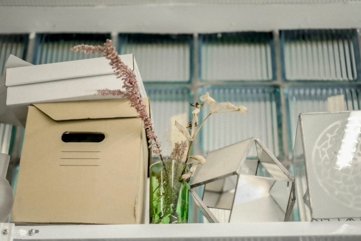 Picture of boxes and plant on desk as if someone is moving