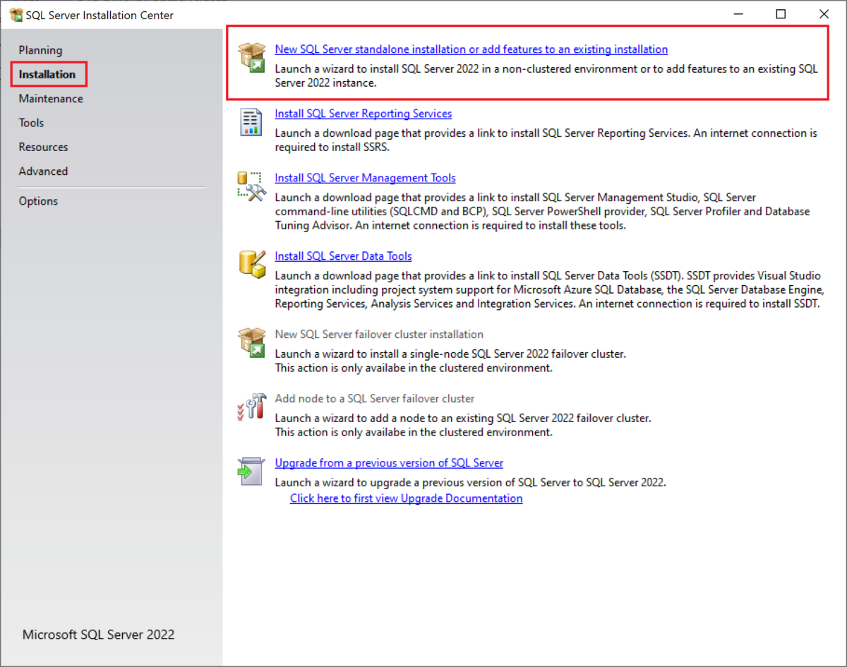 Screenshot of the SQL Server installer dialog with the option to create a new instance or update an existing one highlighted with a red box.