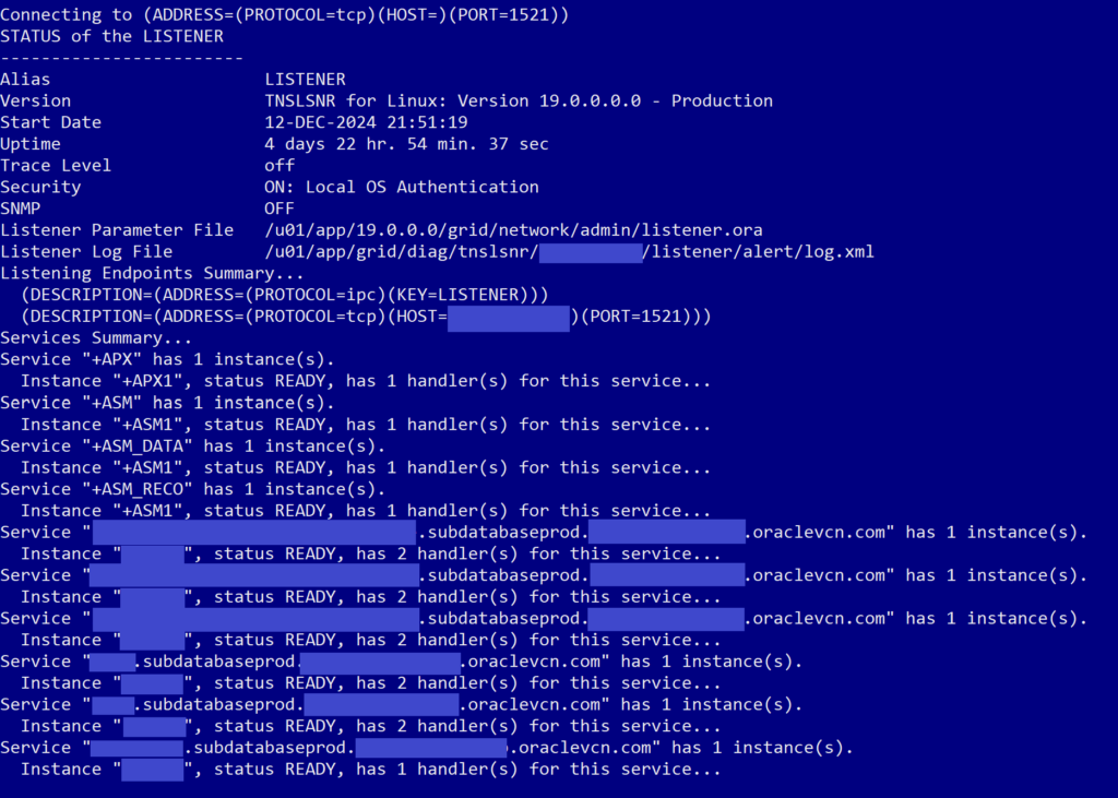 Screenshot of the Oracle terminal command that shows a list of all server listeners and their statuses with the correct database listeners shown