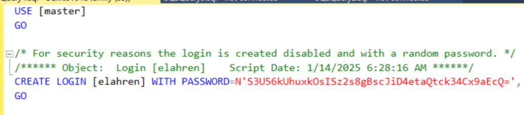 Screenshot showing the script that is generated if you right-click on a login and opt to "Script as CREATE", with a random password being generated for the script