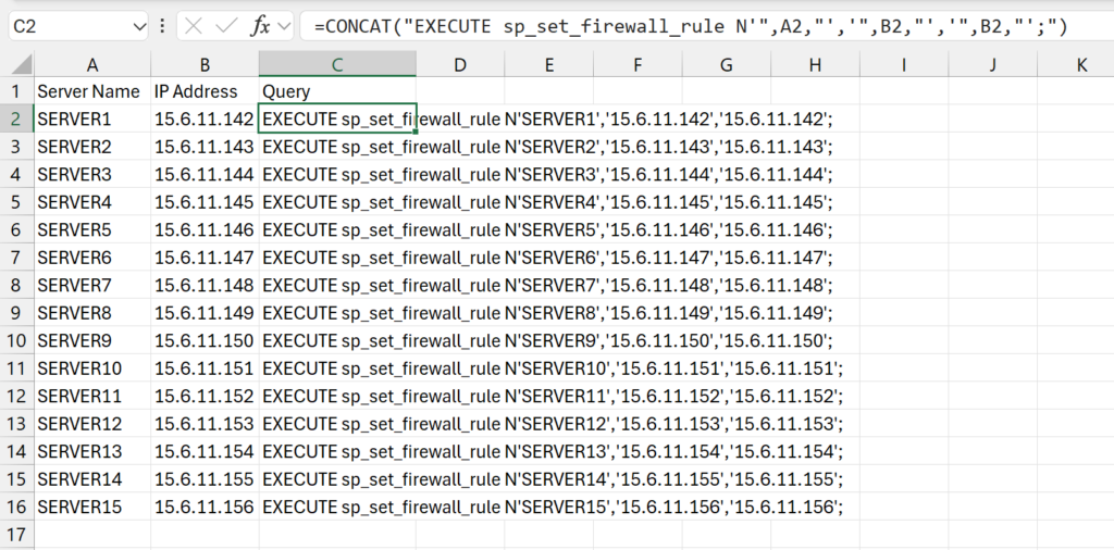 Screenshot of text in Excel demonstrating how to quickly develop SQL queries for adding firewall rules