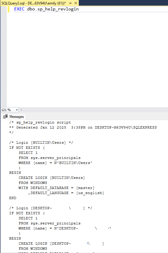 Screenshot of the basic output of the stored procedure which generates the create scripts for SQL Server logins