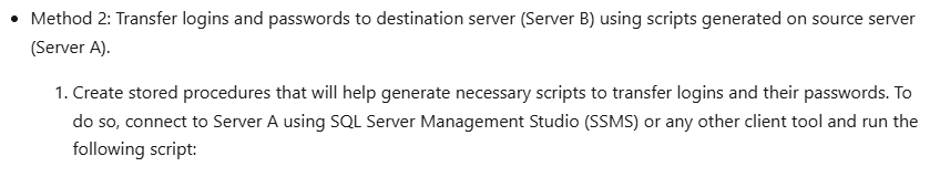 Screenshot of the section of Microsoft documentation where it mentions the two stored procedures that can generate scripts to recreate SQL Server logins