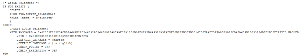 Screenshot showing the output of the stored procedure that generates scripts with hashed passwords to recreate SQL Authentication logins