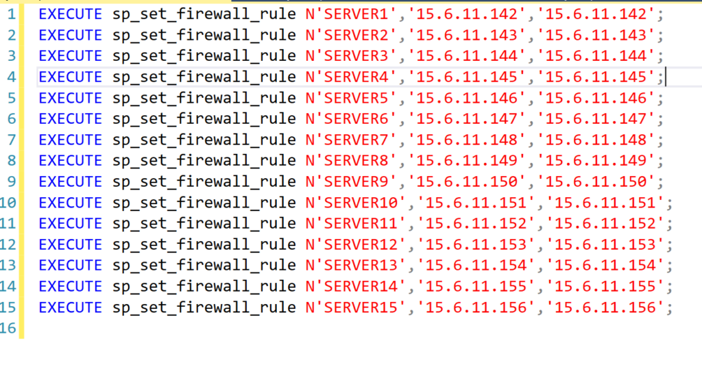 Screenshot of SQL queries in SQL Server Management Studio for adding firewall rules to the server