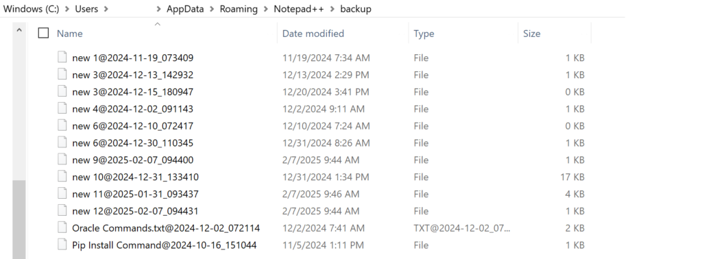 Screenshot showing the Windows File Explorer location for Notepad++ unsaved file backups and my list of backup files