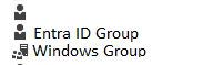 Screenshot of a list of logins from the SSMS Object Explorer demonstrating what the Entra ID icon for a group looks like and what a Windows icon for a group looks like