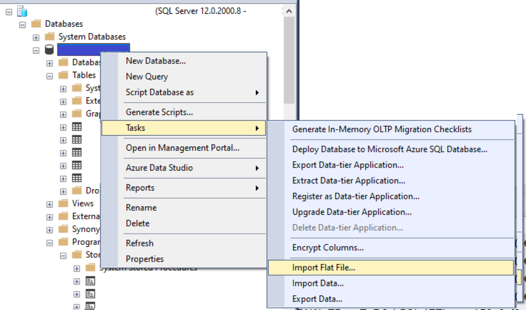 Screenshot showing where to navigate to in the database menu to import a flat file