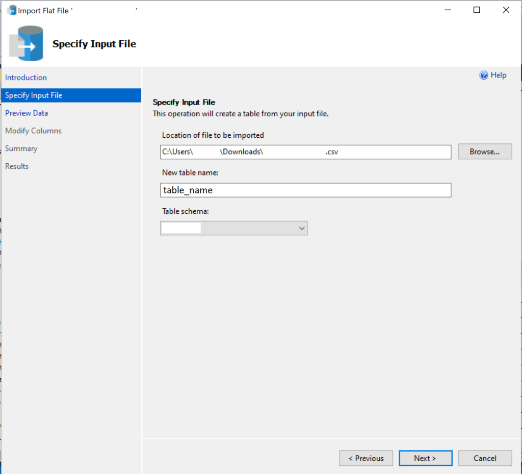 Screenshot of the Import Flat File wizard where you specify the file you want to import and the table you want to load the data to