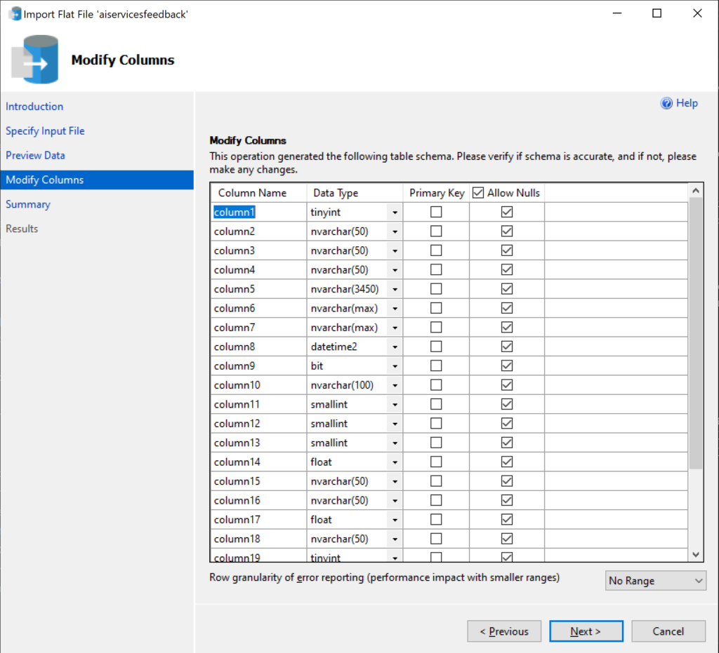 Screenshot of the Import Flat File wizard showing the screen where you can modify the columns of the new table you are going to create during import