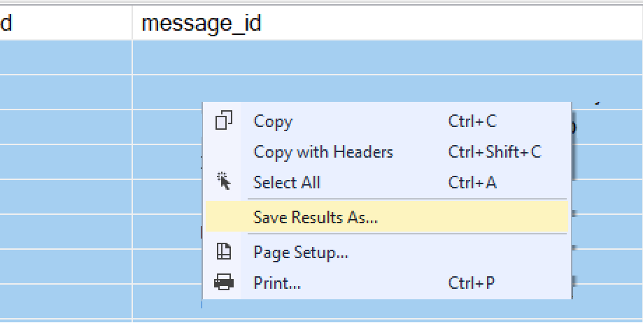 Screenshot showing the "Save Results As" option when right-clicking on the results of a query in SSMS