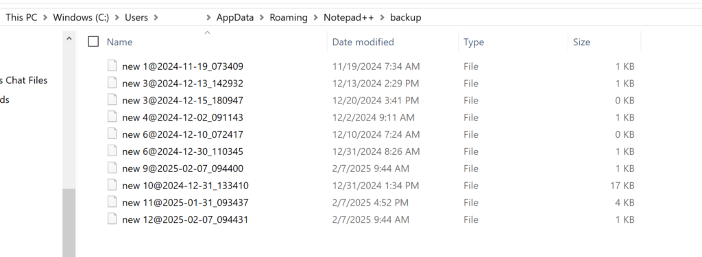 Screenshot showing the Windows File Explorer location for Notepad++ unsaved file backups and my list of backup files, with some now gone from the list after I saved them