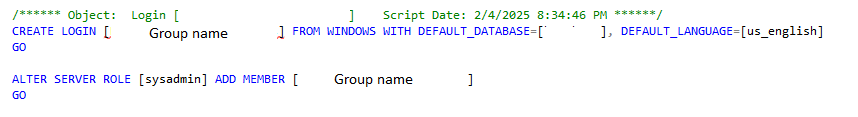 Screenshot showing a redacted CREATE LOGIN script using the phrase FROM WINDOWS to create a Windows Authentication type login