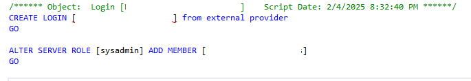 Screenshot showing a redacted CREATE LOGIN script using the phrase FROM EXTERNAL PROVIDER to create a Entra Authentication type login
