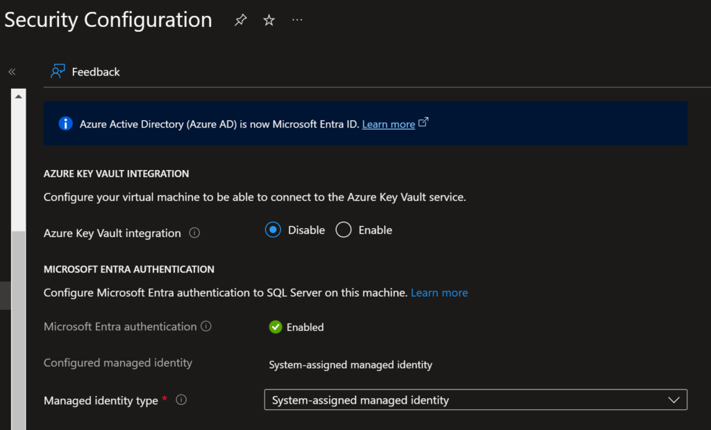 Screenshot showing the Azure Security Configuration page of an IaaS server with Entra Authentication enabled